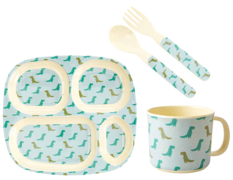 Dinosaur Print Baby 4 Piece Melamine Dinner Set in Gift Box By Rice